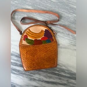 Vintage cutest all leather painted fruit shoulder bag 9 x 11” inches vacation🍊